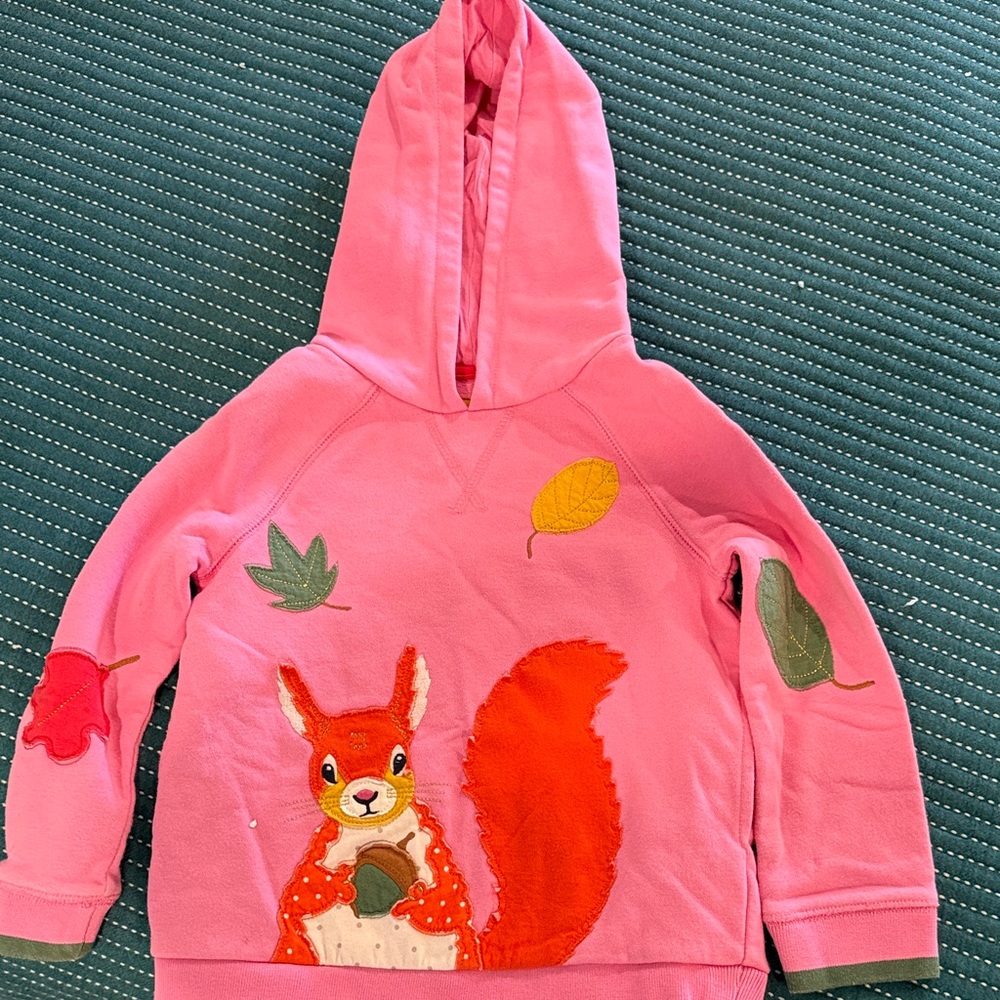 Mini Boden Pink Hoodie with Squirrel and Leaf Design